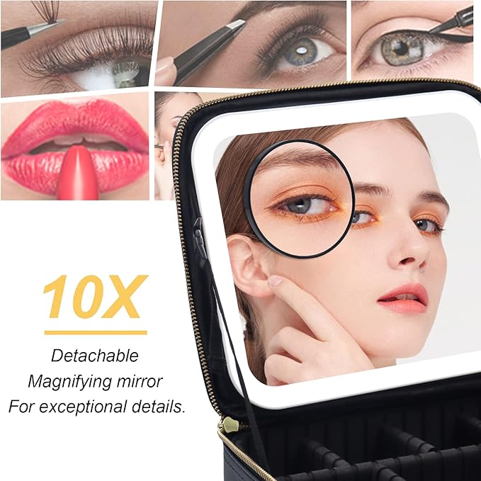 Travel Makeup Bag with Lighted Mirror Partitionable Makeup Train Case with 3 Color Modes Dimming Light up Mirror Make up Cosmetic Organizer Bag with 10X Magnifying Mirror, Toiletry Gift Accessories