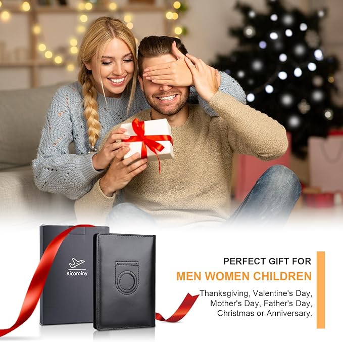 Full Grain Leather AirTag Passport Holder Wallet Cover for Men and Women Travel, Passport Holder with AirTag Slot Passport Wallet, Travel Essentials Genuine Leather Passport Cover Gifts (Black)