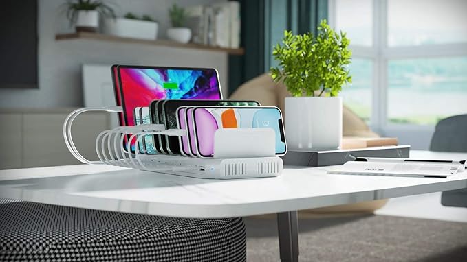 Alxum iPad Charging Station, 96W 10 Port USB Charging Station for Tablet and More Multi Devices Organizer with Detachable Dividers, White