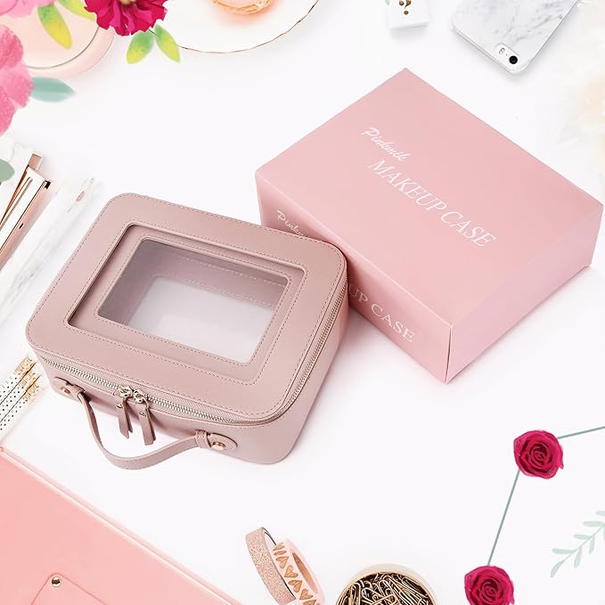 Pinkmik Clear Makeup Bag for Women Waterproof Travel Cosmetics and Toiletries Case Portable Makeup Oaganizer Bag Clear Car Bag with Zipper (Pink, L)