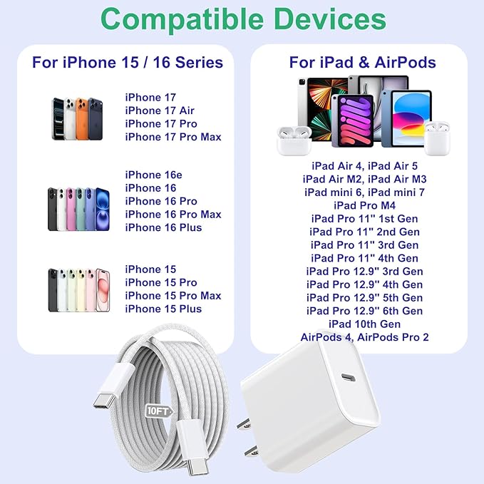 iPhone 16 15 Charger Fast Charging,3Pack 20W Fast Charging USB C Charger with 10Foot Long Type C to C Cable Cord TypeC Block Brick for iPhone 16e/16/16 Pro/16 Plus/16 Pro Max/15 Pro,iPad Air/Pro/Mini