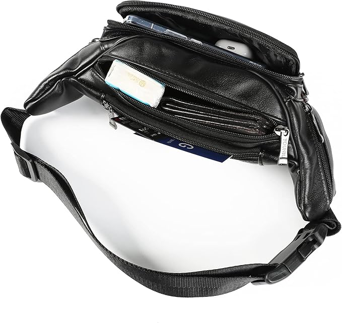 Black Leather Fanny Pack for Men & Women, Fashionable Multi-Pockets Waist Belt Bag for Travel Sports Hiking Cycling Fishing Running
