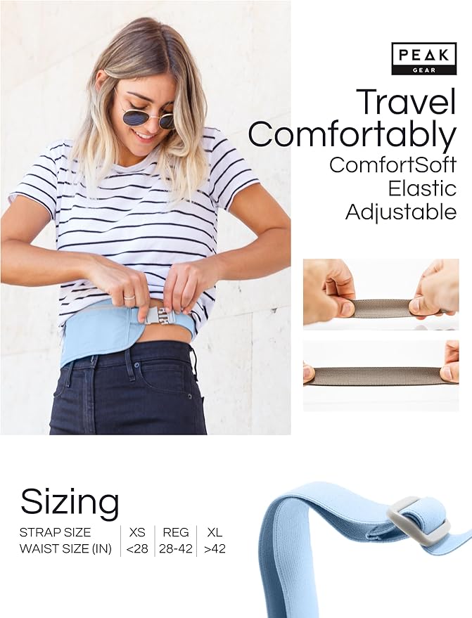 Peak Gear Travel Money Belt. Premium Quality Travel Wallet with RFID Blocking Fabric to Protect Credit Cards, Passports and Documents. Exclusive Theft Protection and 2 Recovery Tags | Blue