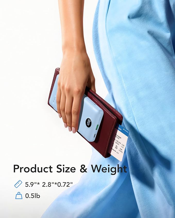 VRURC Portable Charger with Wall Plug and Cables, 10000mAh Power Bank with 22.5W Fast Charging USB Port,4 Outputs Dual Inputs Slim Compact Rechargeable Battery Pack Travel Accessories-Blue(1 Pack)