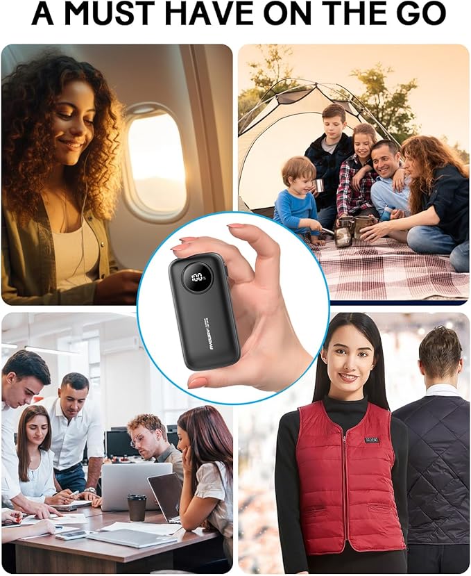 AYEWAY 10,000mAh Mini Portable Charger with Built-in Cable,USB C Fast Charging Power Bank with 4 outputs,External Battery Pack Phone Charger for iPhone,Samsung,Android,5V USB Heated Vest,Heated Jacket