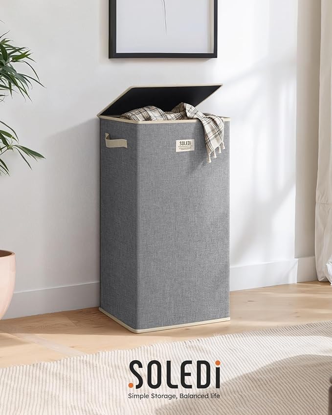 SOLEDI Laundry Hamper with Lid 100L Large & Tall Collapsible Laundry Basket, Clothes Hamper with Bag Removable Easy to Carry, Dirty Hampers for Bedroom, Bathroom, Dorm, College, Light Grey