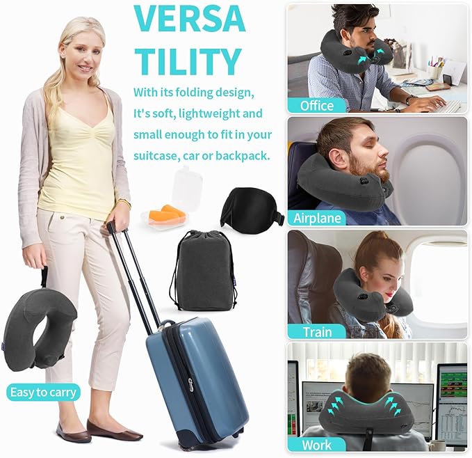 2 Pack Inflatable Travel Neck Pillows for Airplanes, Head Support Velvet Adult Neck Pillows for Long Flight, Kit with Eye Mask, Earplugs and Storage Bag, 2, Dark Gray