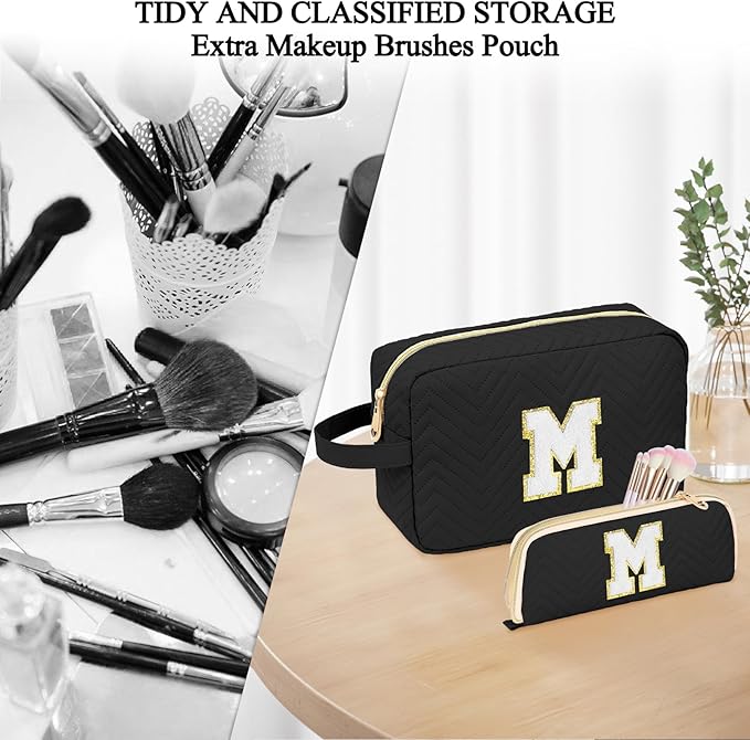 Personalized Initial Makeup Bag Trendy Stuff Leather Waterproof Cosmetic Bag Travel Toiletry Bag, Christmas/Thanksgiving/Halloween Gifts Makeup Organizer Case for Women Girls Mom Girlfriend Wife