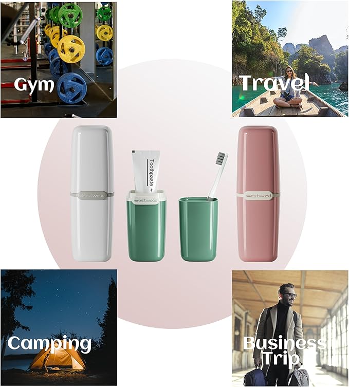Pink Toothbrush Travel Case, Portable Travel Toothbrush & Toothpaste Holder Cover Organizer Container with Mouthwash Cup for School, Camping, Business Trip, Bathroom Storage