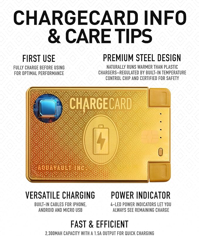 AquaVault ChargeCard – Ultra Slim Emergency Power Bank (2300mAh) – Fits in Wallet – USB-C & Micro-USB – Durable Steel Body – Flight-Safe for iPhone 12-17 & Android - Gold