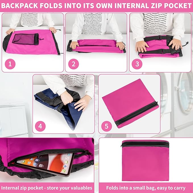 Laundry Bag Backpack with 3 Sizes Mesh Wash Bags and Shoulder Straps Foldable Clothes Hamper Bag with Drawstring Closure for College, Apartment, Laundromat (Pink)