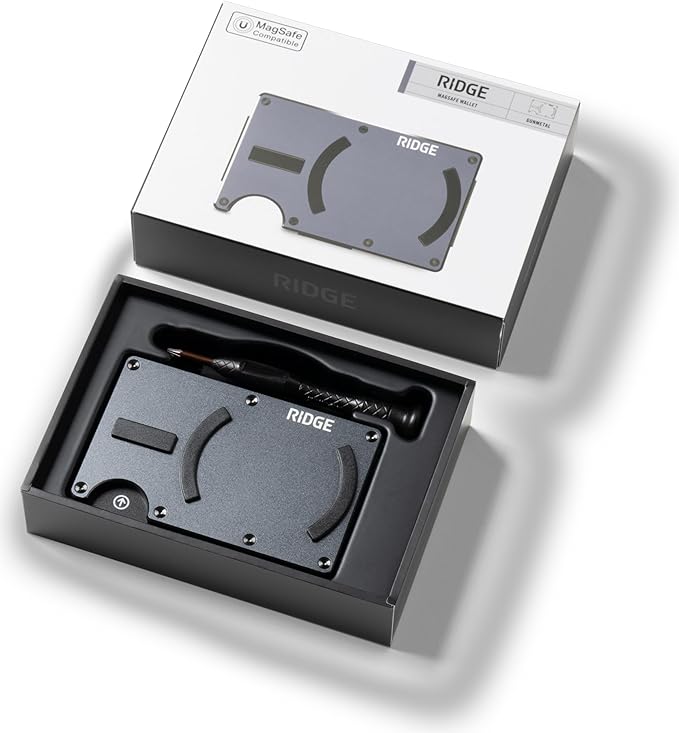 Ridge Wallets for Men Compatible with Magsafe - Slim Minimalist Compact Wallet and Card Holder, RFID Protected Front Pocket Wallets for Men with Integrated Cash Strap (Gunmetal)