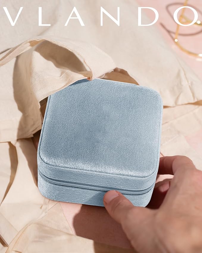 Vlando Velvet Travel Jewelry Case, Jewelry Travel Box for Women, Travel Jewelry Organizer, Small, Portable Jewelry Boxes with Mirror - Blue