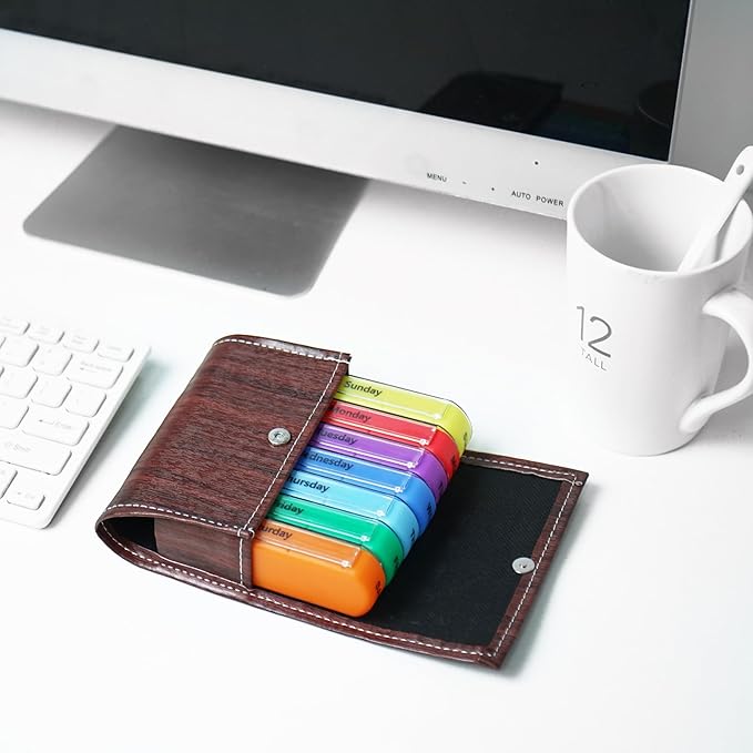 Pill Organizer,LIZIMANDU Weekly Travel Pill Case Box Medication Reminder Daily AM PM, Day Night 7 Compartments,for 4 Times A Day, 7 Days a Week-Includes Leather PU Carrying Case(1-Wood-Light Brown)