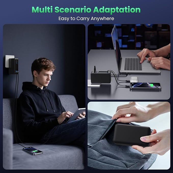 120W USB C Charger Block with 2 Built-in Retractable Cables,4-in-1 GaN IV Foldable Plug Wall Charger Fast Charging Station,PD 65W Laptop Adapter for MacBook/iPad,iPhone 16/15/14,Android (Black)