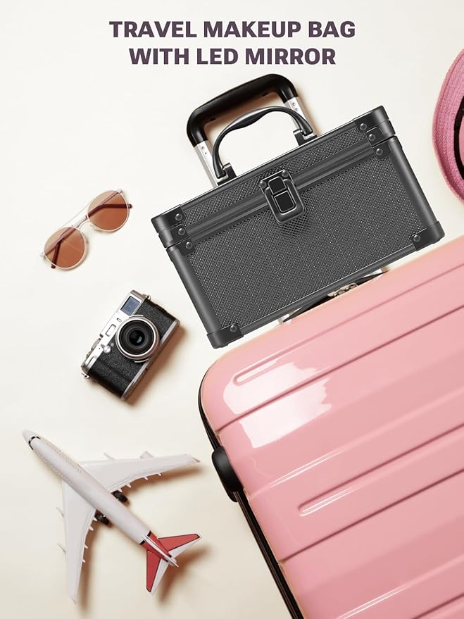 Qislee Makeup Box Mini with A Detachable Lighted Mirror, Waterproof Small Makeup Case,Cosmetic Organizer and Travel Train Case with Magnetic LED Mirror(Black)