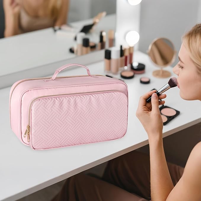 Fasrom Travel Makeup Bag for Women, Large Capacity Cosmetic & Toiletry Organizer Case, Make Up Storage Bags with Handle, Portable Pouch for Travel Essentials, Pink (Empty Bag Only)