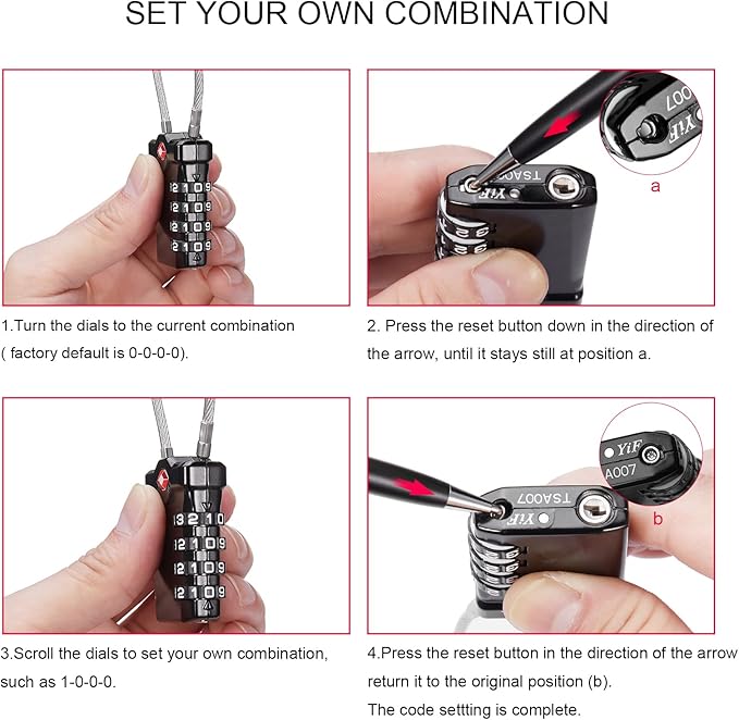 ZHEGE Travel Locks, TSA Approved Locks for Luggage, 4 Digit Cable Lock with Inspection Indicator for Luggage Suitcase, Backpack, Baggage, Easy to Read(4 Pack, Black)