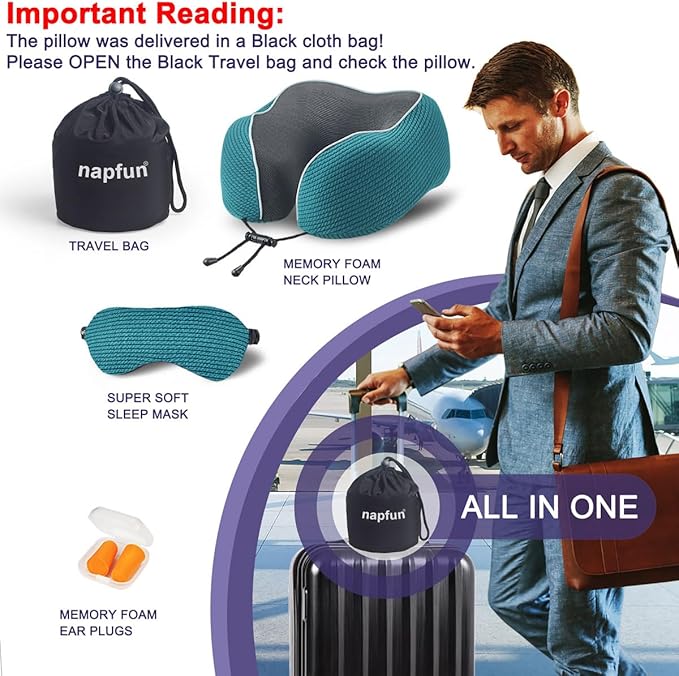 napfun Neck Pillow for Traveling, Upgraded Travel Neck Pillow for Airplane 100% Pure Memory Foam Travel Pillow for Flight Headrest Sleep, Portable Plane Accessories, Luxury Sets (Optional), Teal