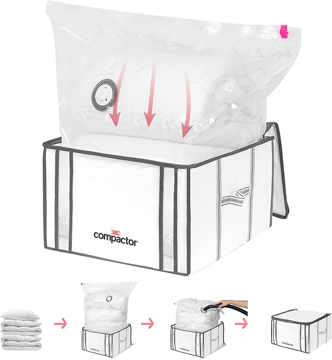Compactor Vacuum Bags + Semi-Rigid Box, Space Saving Storage Bags, Seal Bags Compression for Comforters and Blankets, Sealer Clothes Storage, Size M, 125L | White