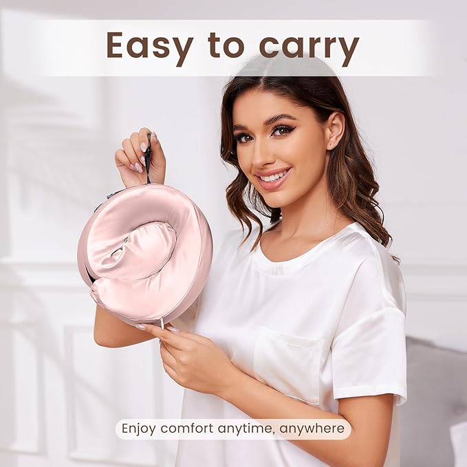 THXSILK 100% Mulberry Silk Neck Pillow for Traveling, Pure Memory Foam Travel Pillow for airplanes, Travel Neck Pillow for Sleeping, Head and Neck Support, neck pillow with Storage Bag (Charming Pink)