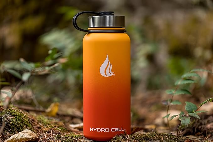 HYDRO CELL Stainless Steel Insulated Water Bottle with Straw - For Cold & Hot Drinks - Metal Vacuum Flask with Screw Cap and Modern Leakproof Sport Thermos for Adults (Red/Orange 32oz)