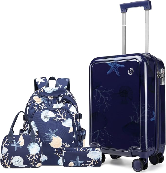 Somago 4 Piece Kid's Luggage with Backpack Set for Boys Girls Spinner 18" Hardside PC Rolling Carry on Suitcase with TSA Lock (Seashell Navy)