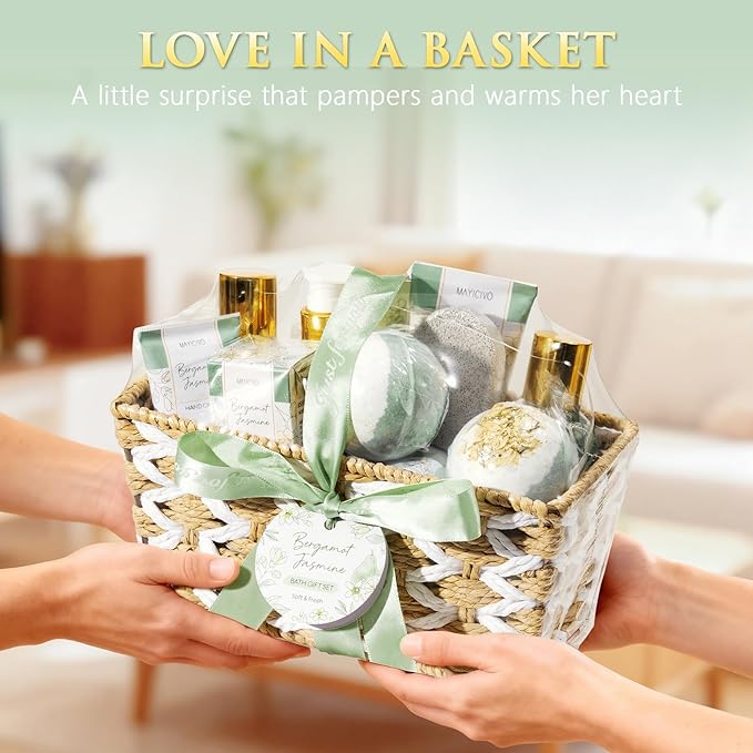 Christmas Birthday Gifts for Women, Bergamot Jasmine Relaxing Spa Gift Baskets for Women Self Care Package Bath Gift Set, Home Bath and Body Kit Pampering Gifts for Womens Mom Her Friends Sister Wife