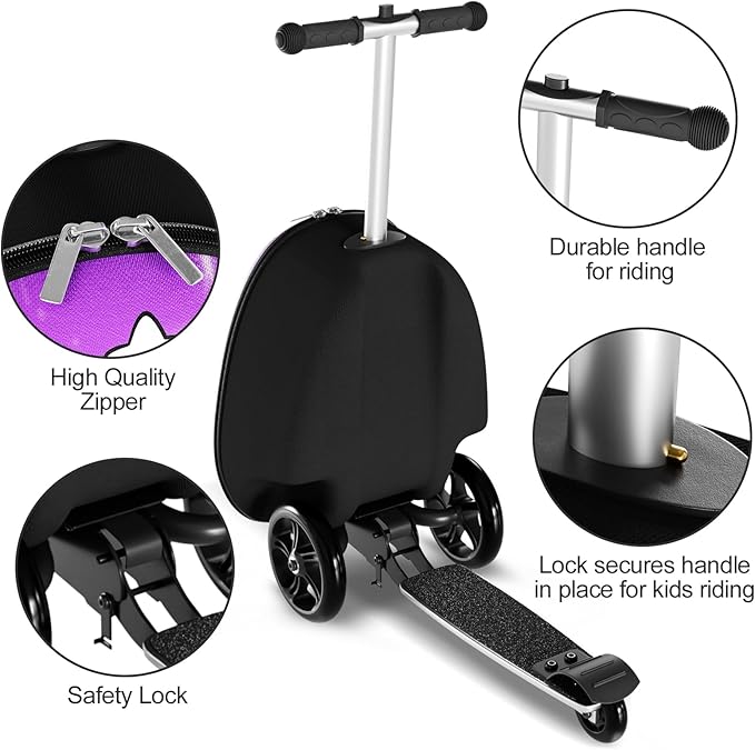 2-in-1 Ride-On Scooter Suitcase, Scooter Luggage for Kids Ages 5-12, Foldable & Lightweight Carry with LED Light-Up Wheels