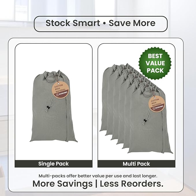 LFH Home Cotton Canvas Large Laundry Bag with Handle, Heavy Duty Drawstring Closure Washable Laundry Bags, School Travel, Home, Hotel, College Dorm, Organizer Sack, Toys Clothes 20x30 (Pack of 2)-Grey