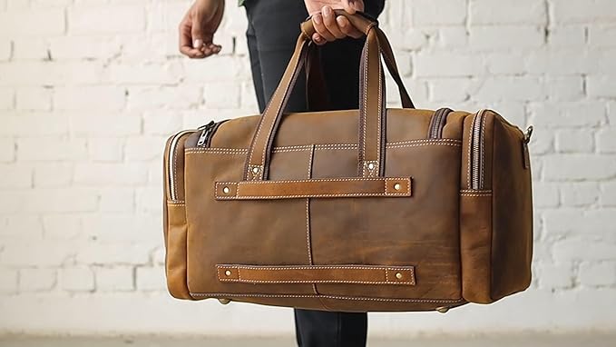 Genuine Leather Travel Bag with Matching Toiletry 2-Pc Set Carry On 22x11x12 in with Trolley Straps, Shoulder Strap and Laundry Bag by De Lira