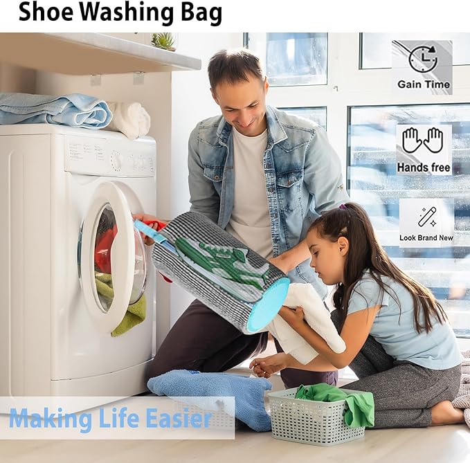 2Pcs Shoe Washing Machine Bag, Durable Laundry Shoe Bag for Washing Machine, Fluffy Fibers 360° Cleaning, Includes Liquid Shoe Brush & Travel Dust Bag, Ideal for Sneakers & Gym Shoes (Gray)