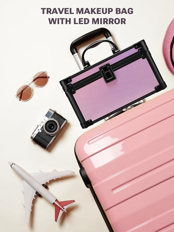 Qislee Makeup Box Mini with A Detachable Lighted Mirror, Waterproof Small Makeup Case,Cosmetic Organizer and Travel Train Case with Magnetic LED Mirror(Black Frame Iridescent Pink)