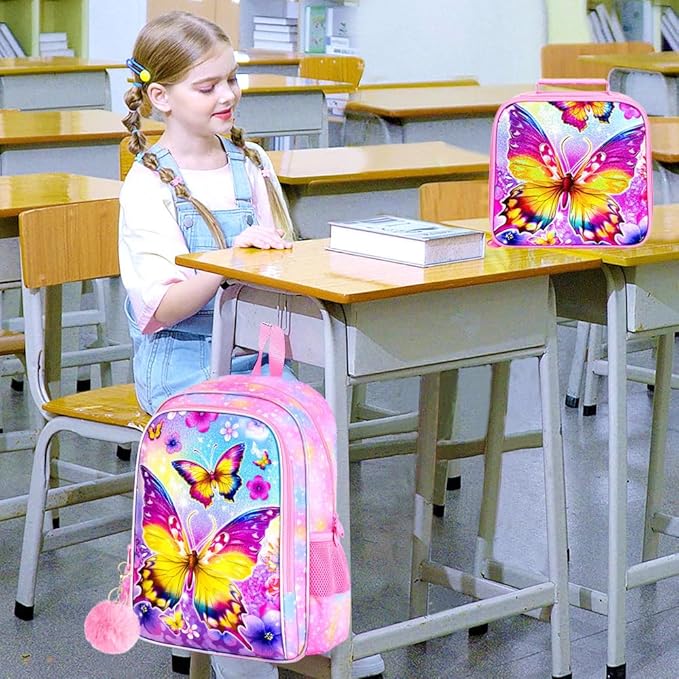 WZLVO 3PCS Butterfly Backpack for Girls, 16'' Kids Preschool Bookbag with Lunch Box, Cute Animal Water ResistantSchool Bag Set for Elementary Kindergarten Travel