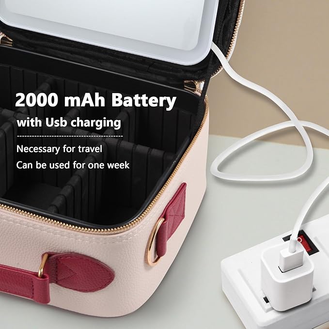 Travel Makeup Bag with Mirror of LED Lighted, Rechargeable Cosmetic Train Case Artist Makeup Organizer for Women with Adjustable Dividers, Makeup Brushes Holder and Strap (White)