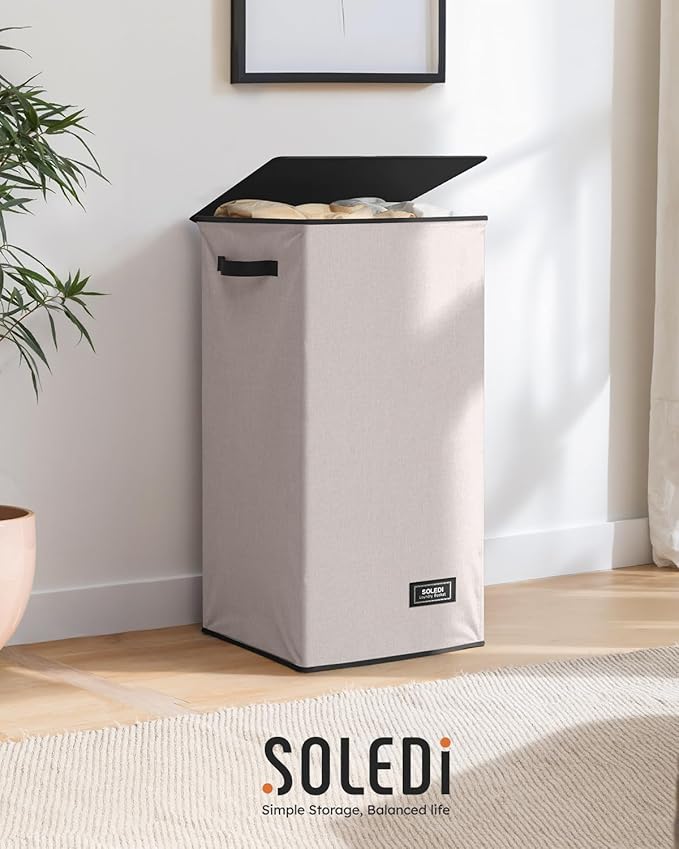 SOLEDI Laundry Hamper with Lid 100L Large & Tall Collapsible Laundry Basket, Clothes Hamper with Bag Removable Easy to Carry, Dirty Hampers for Bedroom, Bathroom, Dorm, College,Light taupe
