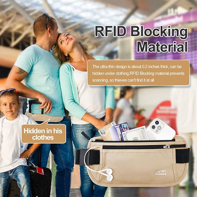 RFID Blocking Money Belt for Men Women, Slim Fanny Pack For Travel,Running,Conceal Waist Wallet For Passport Holder,Phone,Cash(Black Beige), Black Beige