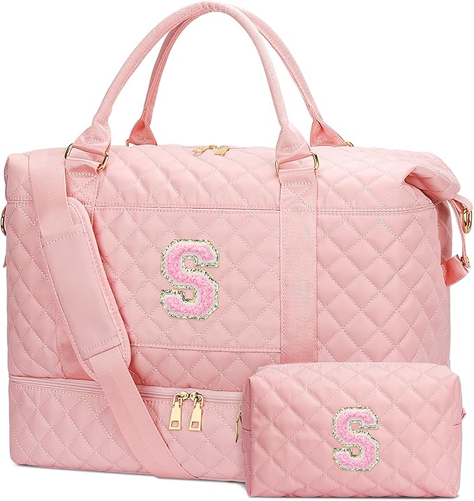 Gifts for Women Girls Initial Travel Duffle Bag Quilted Weekender Carry-On Overnight with Cosmetic Bag, Gym Bag with Shoe Compartment, Pink S