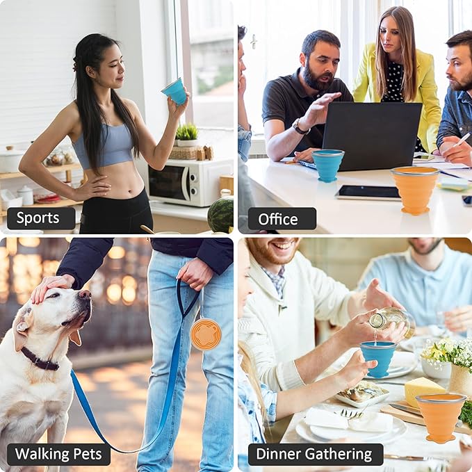 JBER Silicone Collapsible Travel Cup, 4 Pack Silicone Folding Camping Cup with Lids Expandable Drinking Cup Set BPA Free Reusable Portable Graduated for Outdoor Hiking Travel