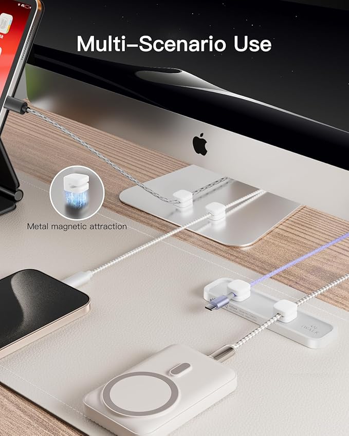 iWALK Magnetic Cable Holder, Reusable Adhesive Desktop Cord Organizer for 2-6mm Cables,4 Clips for Lightning & USB C/Micro Cables,Sticks to Wood,Glass,Metal, Marble, 2-Pack,White