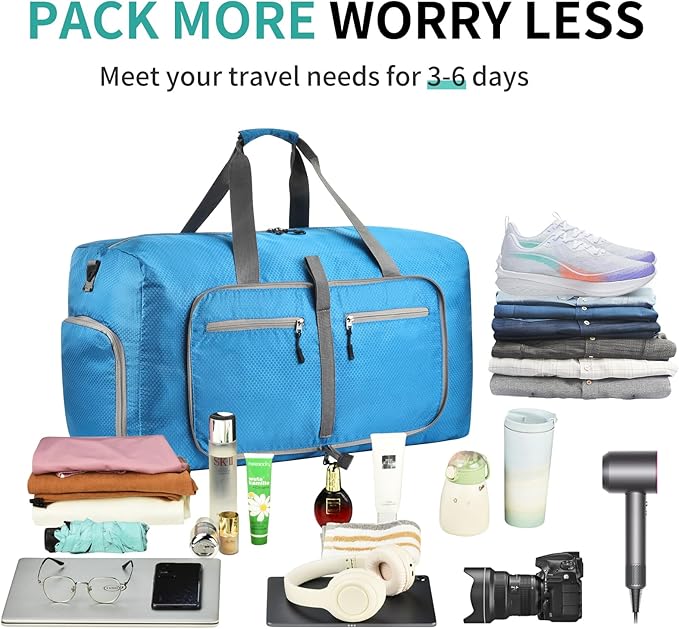 Dimayar Travel Duffle Bag for Men Women - Foldable Duffel Bag with Shoes Compartment - Overnight Bags Waterproof & Tear Resistant(85L,Light Blue)