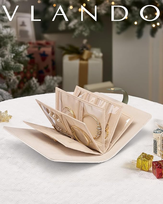 Vlando Travel Jewelry Organizer Case,Mom Gifts from Daughter,Jewelry Storage Book Ring Binder with Clear Zipper Velvet Jewelry Pouch Bag,Travel Essentials for Rings,Necklace,Earrings-Olive Green