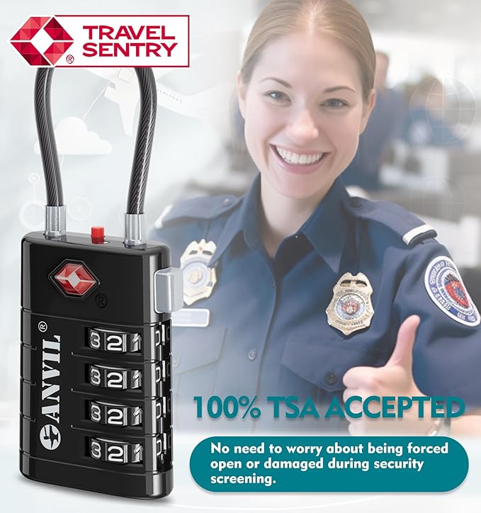 ANVIL 4 Digit Luggage Locks, TSA Locks for Luggage, Advanced TSA008 core, Alert Indicator for Your Travel Lock, Suitcase Lock. (6, Black)