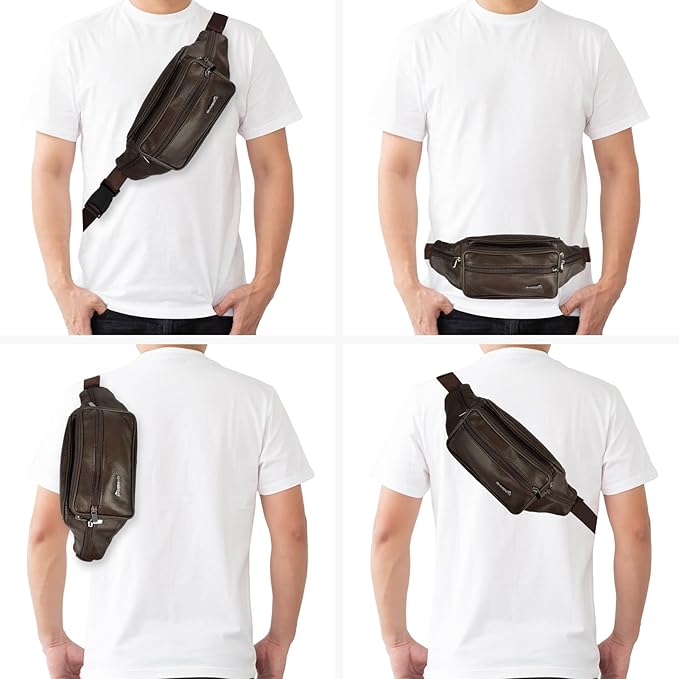 Leather Fanny Pack for Men Women,Genuine Leather Waist Belt Bag with Adjustable Strap Belt Hip Bag with Multi-Pockets for Travel Sports Running Cycling Hiking (brown)