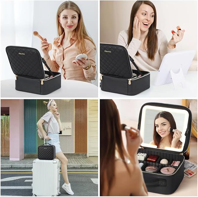 Travel Makeup Bag with Led Mirror Make up Case with Lighted Mirror Cosmetic Organizer bag with Adjustable Dividers and 5X Magnifying Mirror Makeup Box Vanity Case for Women