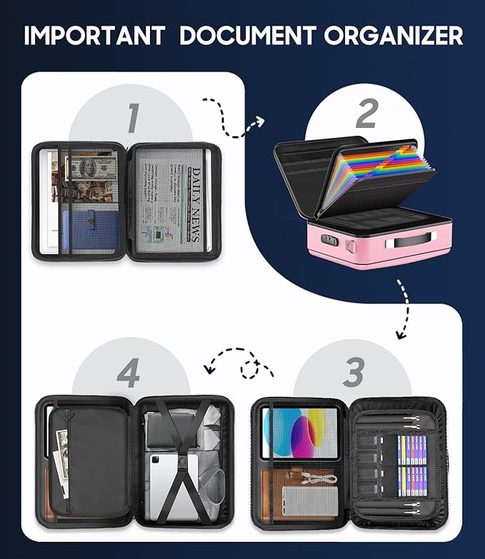 Fireproof Document Box with Lock, Hard-Shell Fireproof Safe for Home Documents, Portable Travel Fire Proof File Box for Passport Laptop Certificates, Rose Gold