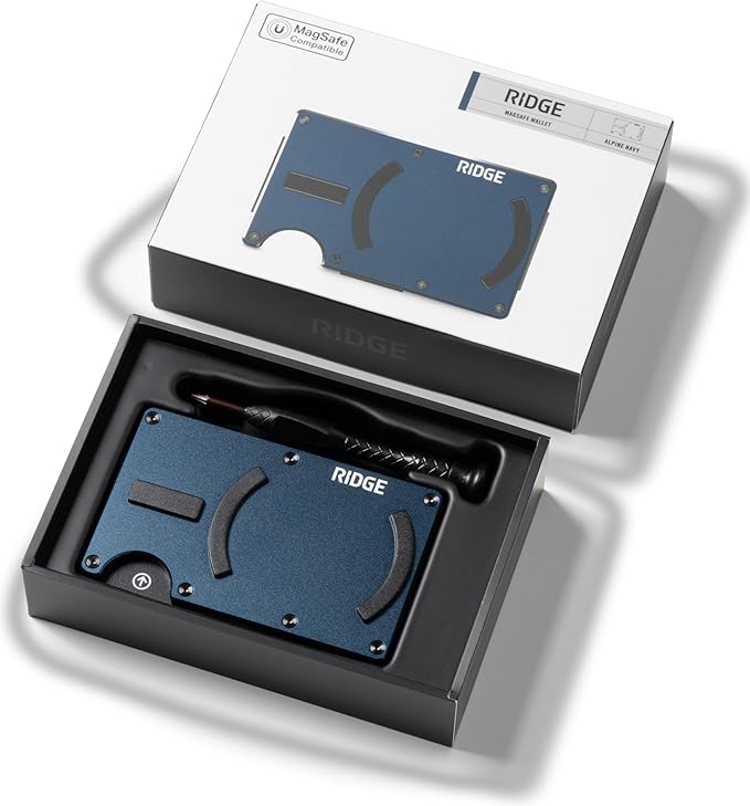 Ridge Wallets for Men Compatible with Magsafe - Slim Minimalist Compact Wallet and Card Holder, RFID Protected Front Pocket Wallets for Men with Integrated Cash Strap (Alpine Navy)