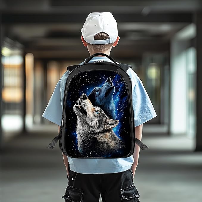 Wolf Backpack Wild 17 Inches Bookbag 3PCS Set with Lunch Box Pencil Case Daypack for Kids Boys