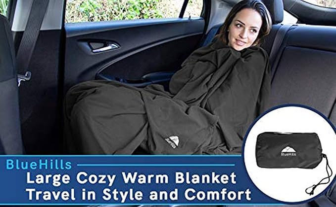 BlueHills Ultra Compact Travel Blanket 2 Pack Large Soft Cozy Portable Blanket Sheet with Carry Case and for Flight Airplane Car Layover Camping Hotel C203-2PK-Black
