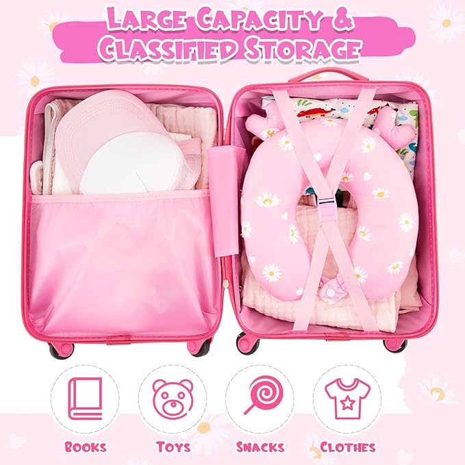 Redbaker 6 Pcs Kids Luggage Set 17 Inch Kids Rolling Luggage Double Pattern Suitcase for Girls Boys School Gift(Light Pink,Leopard Print Style)